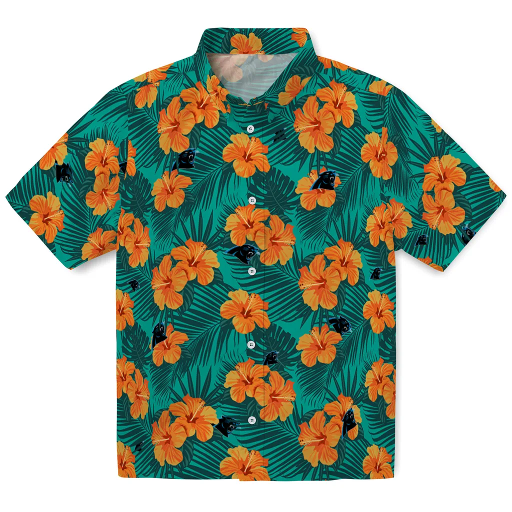 Carolina Panthers Hawaiian Shirt - Hibiscus and Palm Leaves carolina panthers hibiscus escape green hawaiian shirts best selling