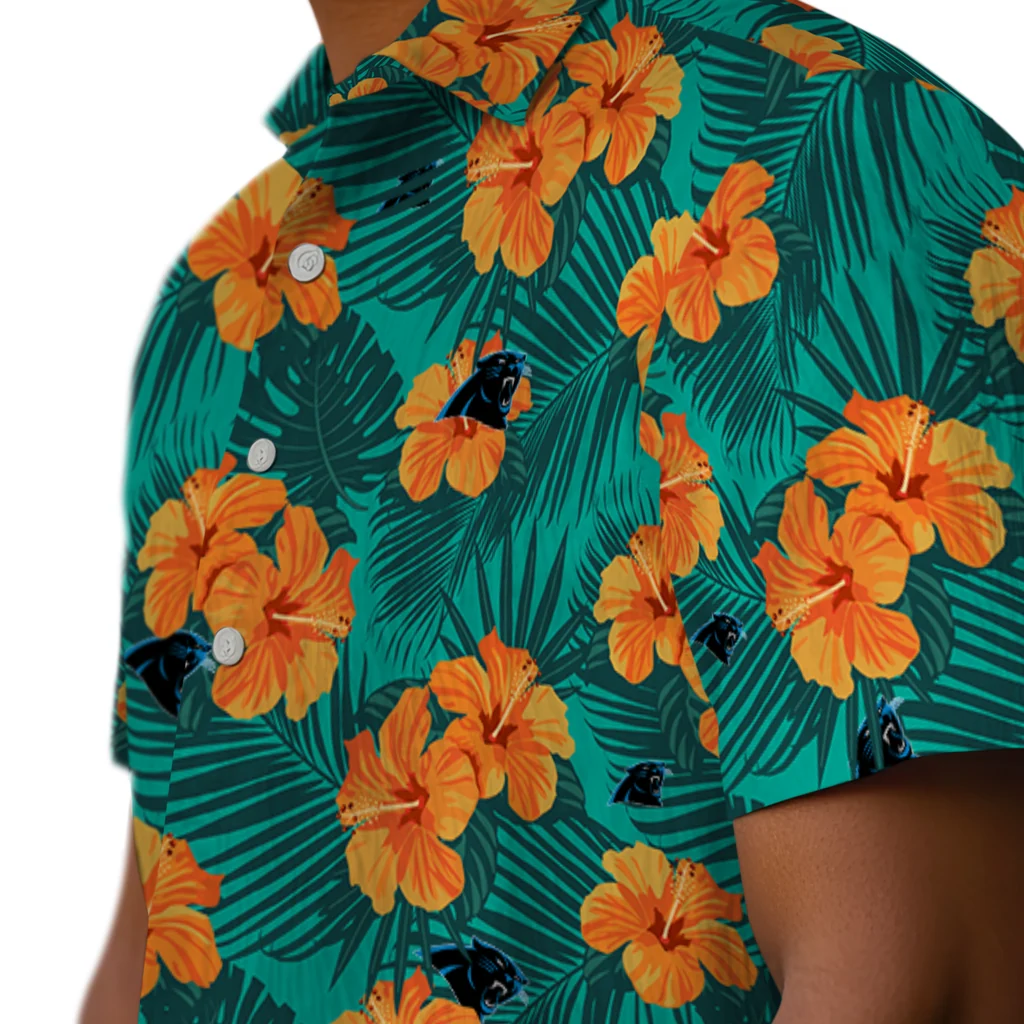 Carolina Panthers Hawaiian Shirt - Hibiscus and Palm Leaves carolina panthers hibiscus escape green hawaiian shirts trendy