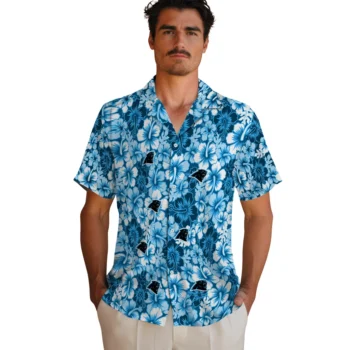 carolina panthers hibiscus blooms blue hawaiian shirts fashion forward