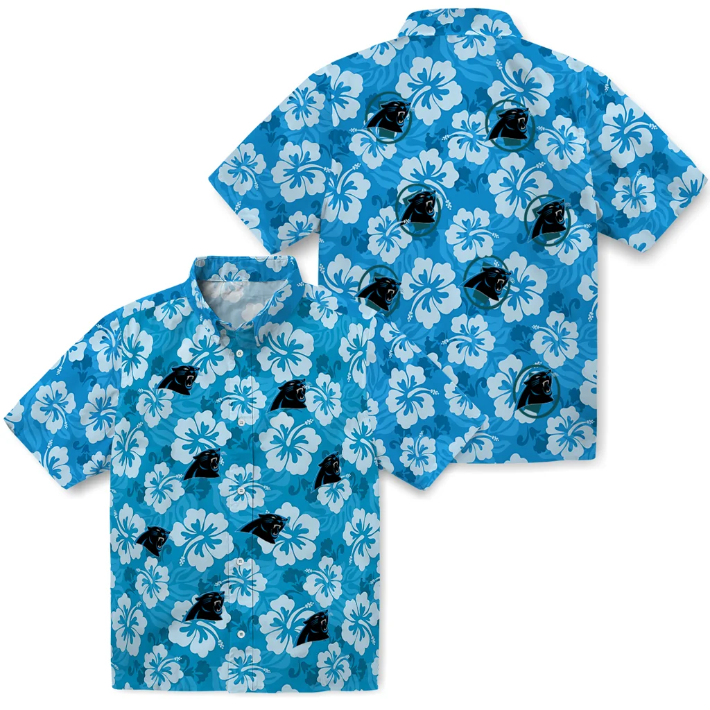 Carolina Panthers Hawaiian Shirt - Hibiscus Cluster carolina panthers hibiscus cluster blue hawaiian shirts high quality