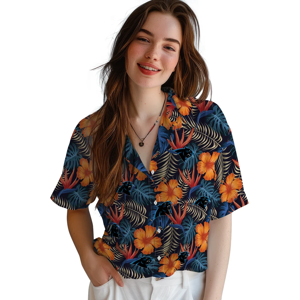 Carolina Panthers Hawaiian Shirt - Hibiscus Foliage carolina panthers hibiscus foliage hawaiian shirts latest model