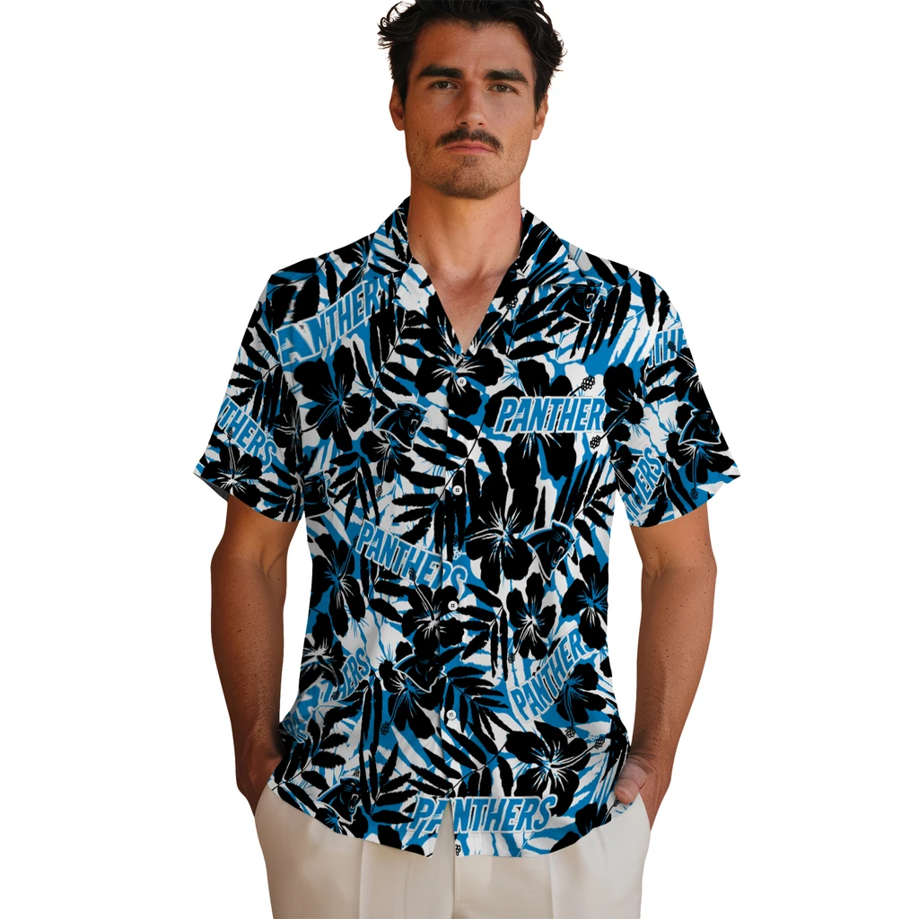 Carolina Panthers Hawaiian Shirt - Hibiscus Overlay carolina panthers hibiscus overlay hawaiian shirts fashion forward