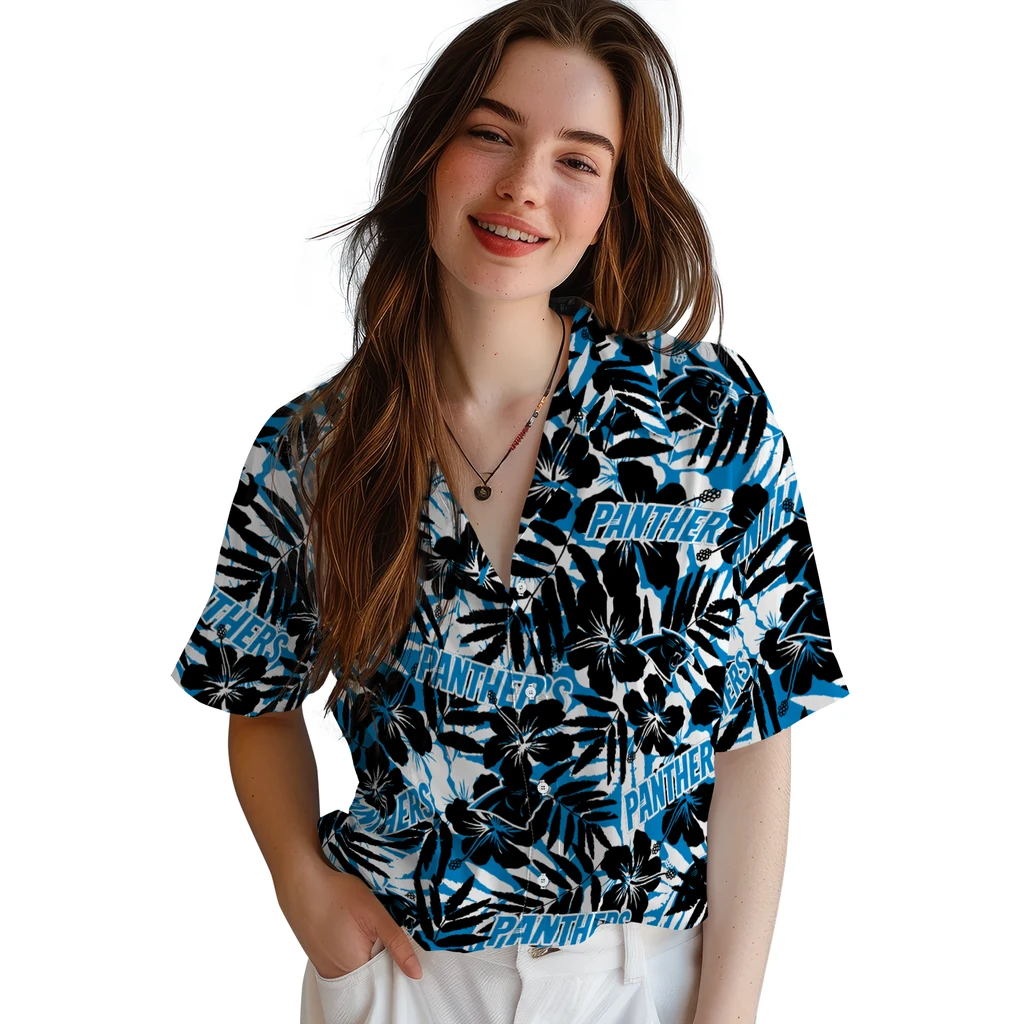 Carolina Panthers Hawaiian Shirt - Hibiscus Overlay carolina panthers hibiscus overlay hawaiian shirts latest model