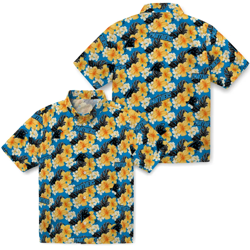 Carolina Panthers Hawaiian Shirt - Hibiscus Tropics carolina panthers hibiscus tropics blue yellow hawaiian shirts high quality