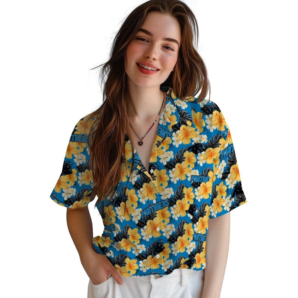 Carolina Panthers Hawaiian Shirt - Hibiscus Tropics carolina panthers hibiscus tropics blue yellow hawaiian shirts latest model
