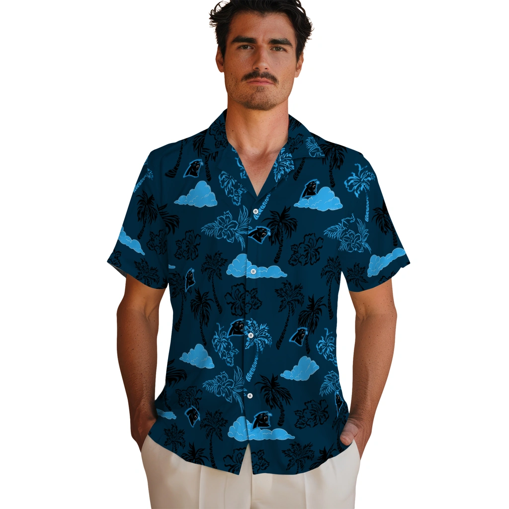 Carolina Panthers Hawaiian Shirt - Palm And Clouds carolina panthers palm and clouds blue hawaiian shirts fashion forward