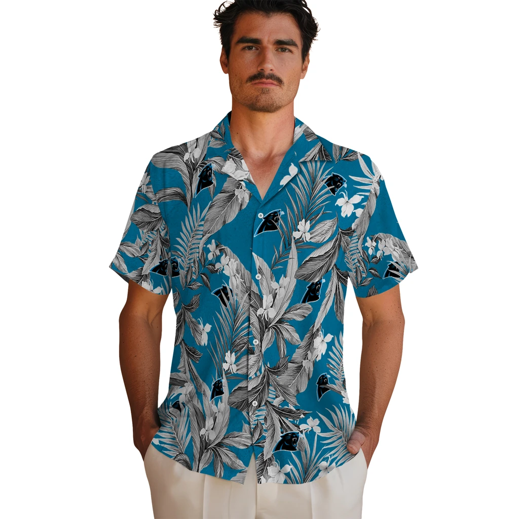 Carolina Panthers Hawaiian Shirt - Palm Leaves carolina panthers palm leaves blue hawaiian shirts fashion forward
