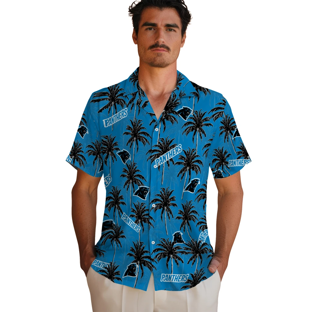 Carolina Panthers Hawaiian Shirt - Palm Tree Motif carolina panthers palm grove blue hawaiian shirts fashion forward