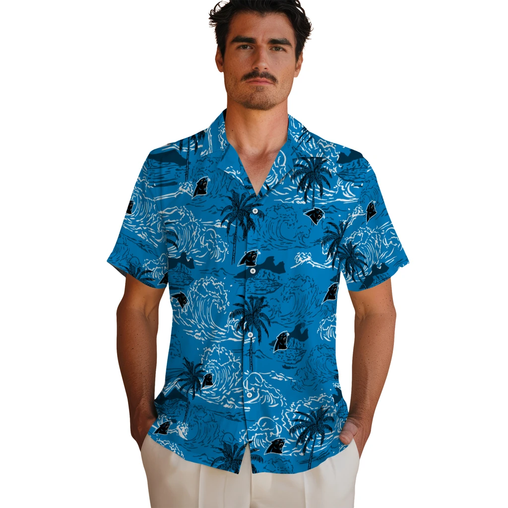 Carolina Panthers Hawaiian Shirt - Wave Palm carolina panthers wave palm blue hawaiian shirts fashion forward