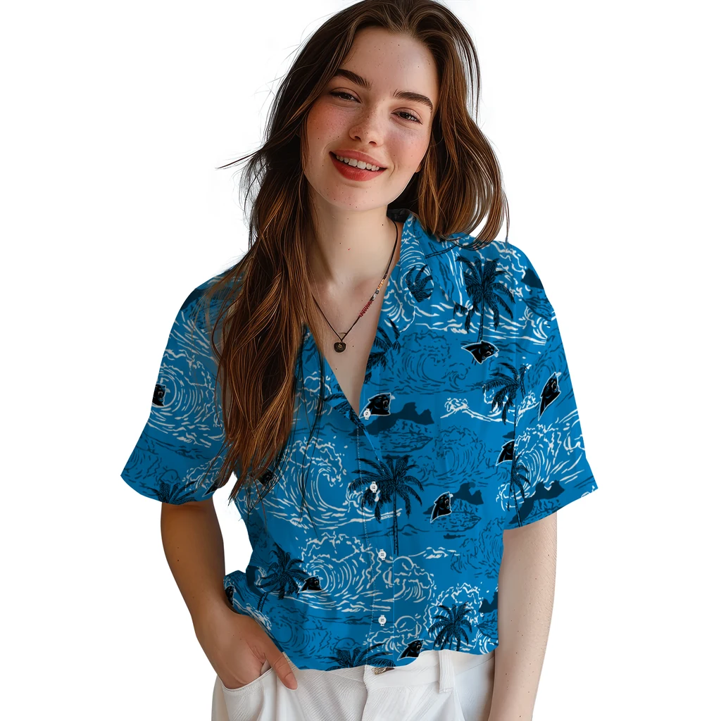 Carolina Panthers Hawaiian Shirt - Wave Palm carolina panthers wave palm blue hawaiian shirts latest model