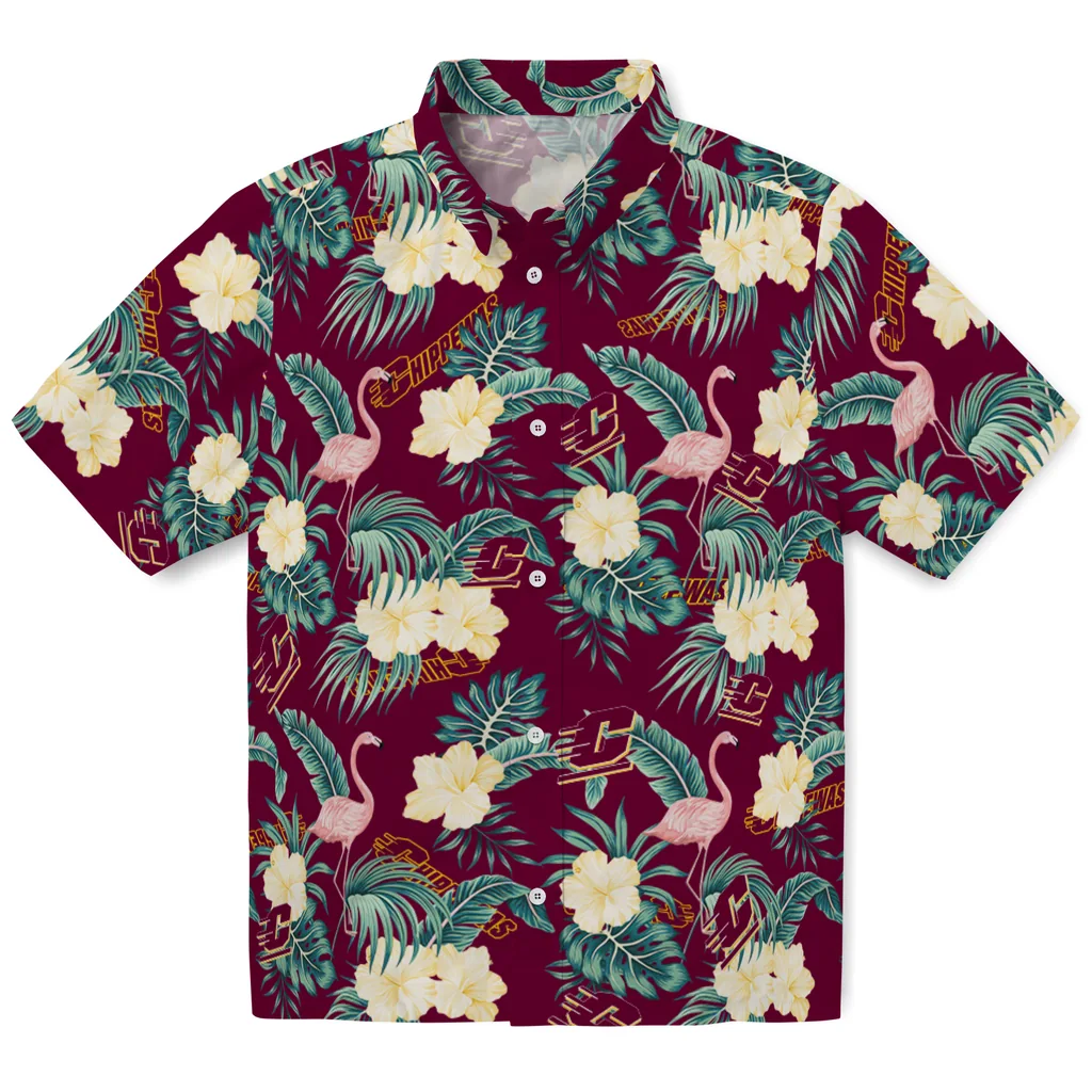 Central Michigan Chippewas Hawaiian Shirt - Flamingo and Hibiscus central michigan chippewas flamingo palms maroon hawaiian shirts best selling