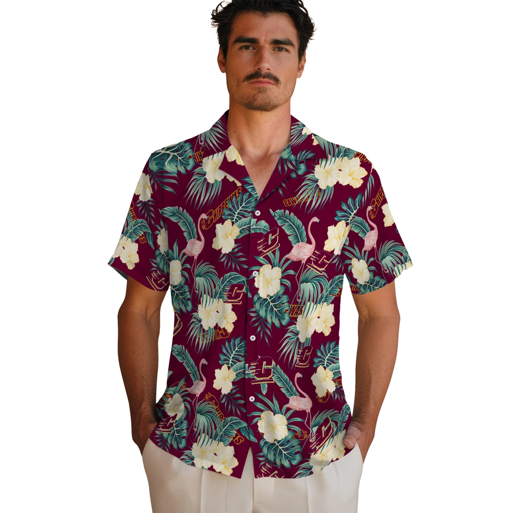 Central Michigan Chippewas Hawaiian Shirt - Flamingo and Hibiscus central michigan chippewas flamingo palms maroon hawaiian shirts fashion forward