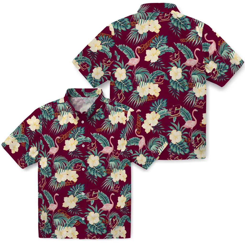 Central Michigan Chippewas Hawaiian Shirt - Flamingo and Hibiscus central michigan chippewas flamingo palms maroon hawaiian shirts high quality