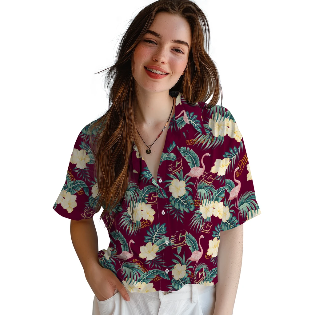Central Michigan Chippewas Hawaiian Shirt - Flamingo and Hibiscus central michigan chippewas flamingo palms maroon hawaiian shirts latest model