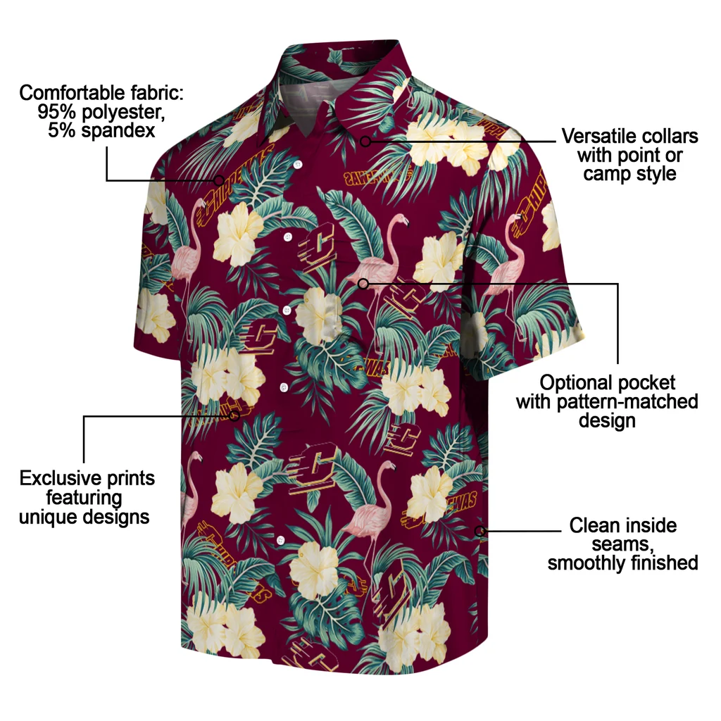 Central Michigan Chippewas Hawaiian Shirt - Flamingo and Hibiscus central michigan chippewas flamingo palms maroon hawaiian shirts new arrival