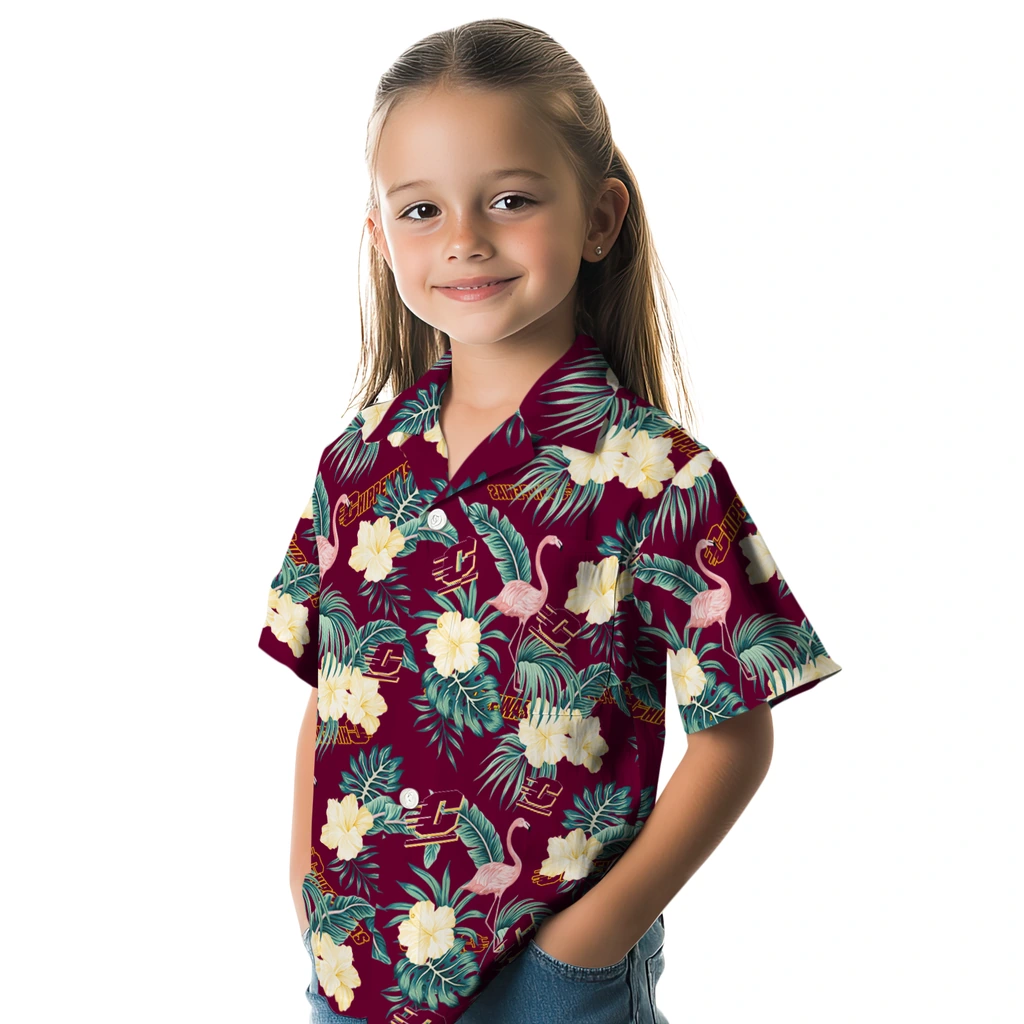 Central Michigan Chippewas Hawaiian Shirt - Flamingo and Hibiscus central michigan chippewas flamingo palms maroon hawaiian shirts premium grade