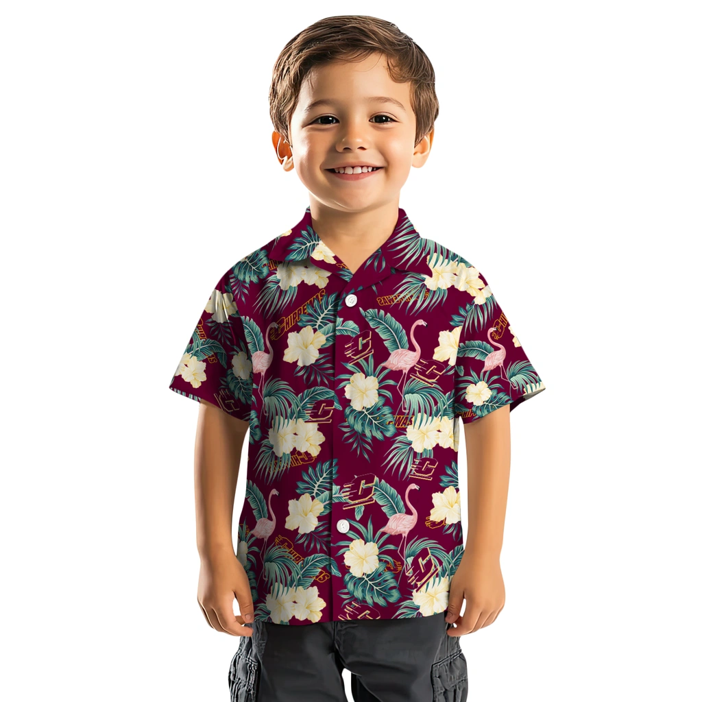 Central Michigan Chippewas Hawaiian Shirt - Flamingo and Hibiscus central michigan chippewas flamingo palms maroon hawaiian shirts top rated