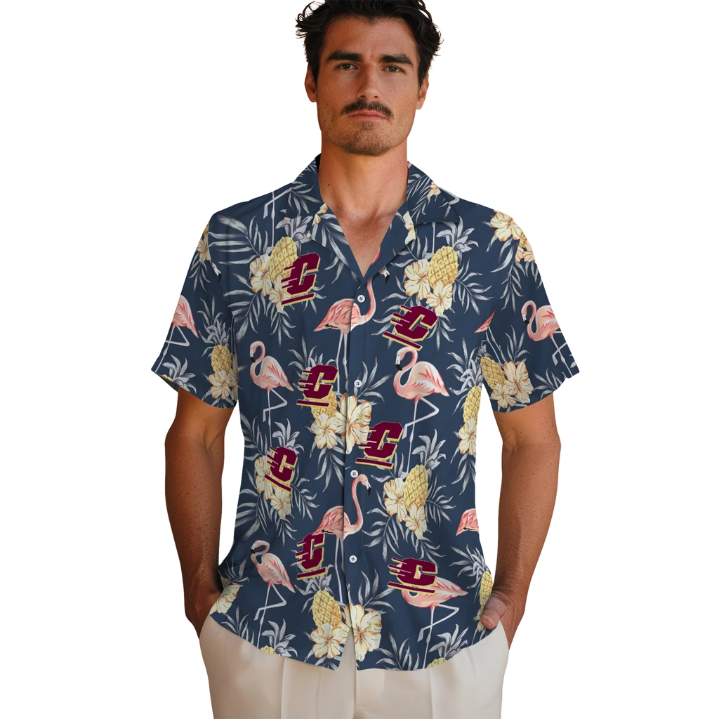 Central Michigan Chippewas Hawaiian Shirt - Flamingo Hibiscus central michigan chippewas flamingo hibiscus navy hawaiian shirts fashion forward
