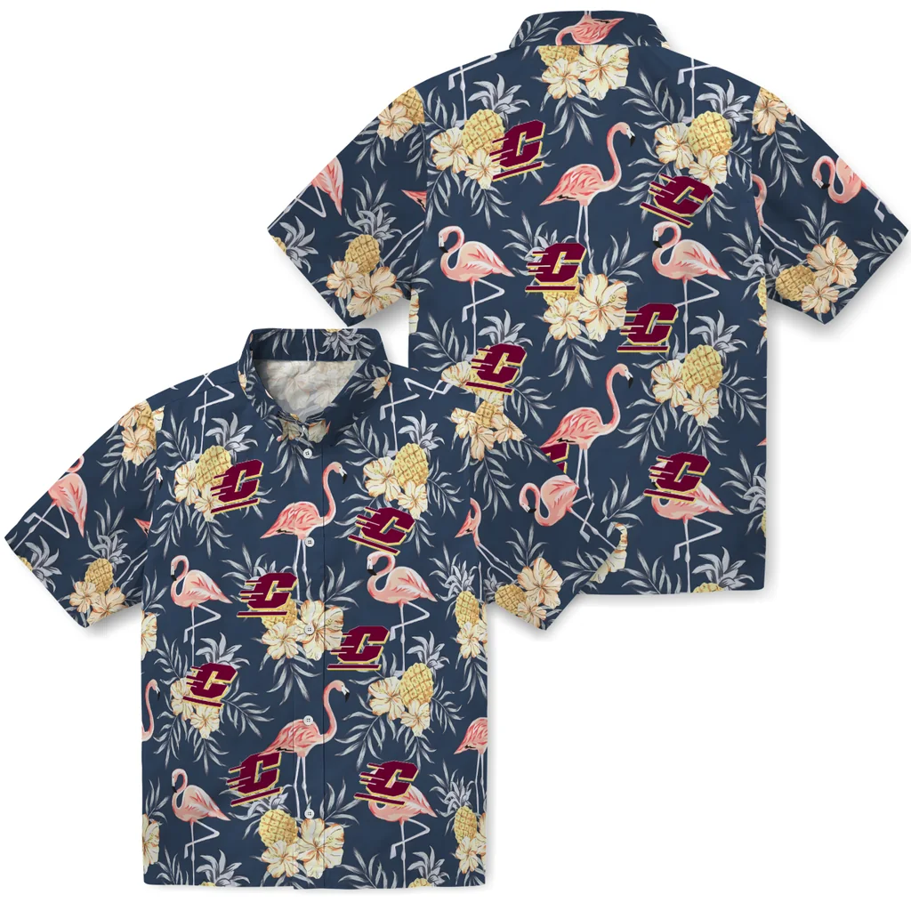 Central Michigan Chippewas Hawaiian Shirt - Flamingo Hibiscus central michigan chippewas flamingo hibiscus navy hawaiian shirts high quality