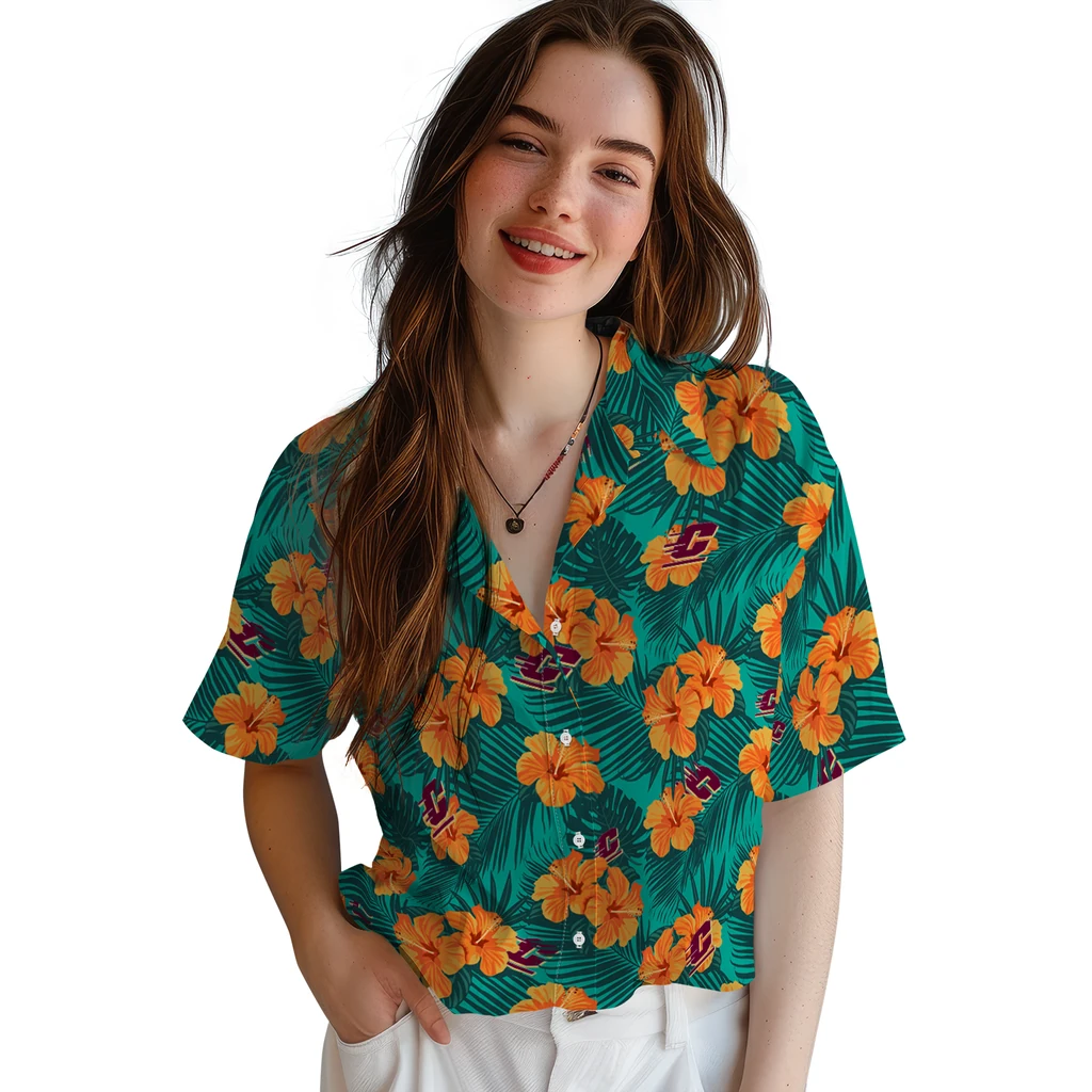Central Michigan Chippewas Hawaiian Shirt - Hibiscus and Palm Leaves central michigan chippewas hibiscus escape green hawaiian shirts latest model