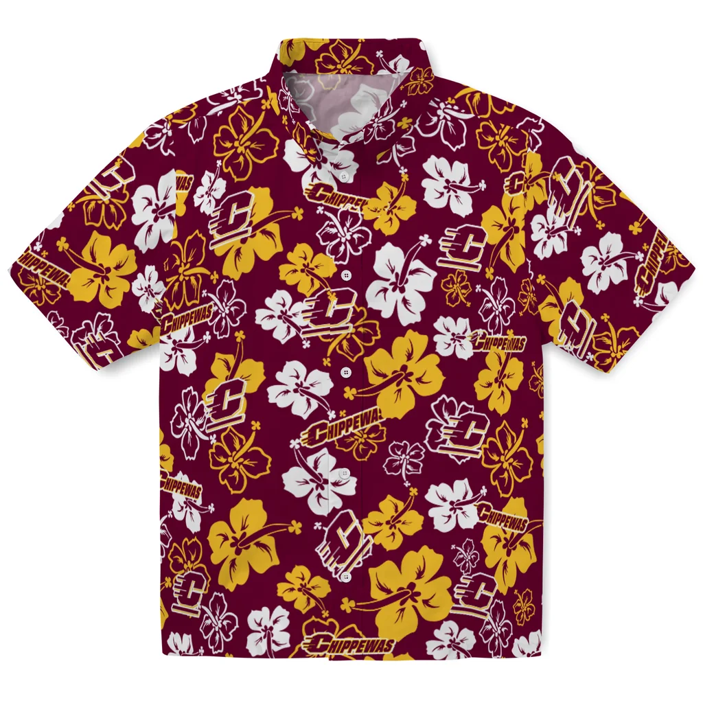 Central Michigan Chippewas Hawaiian Shirt - Hibiscus Flower Design central michigan chippewas hibiscus bloom maroon hawaiian shirts best selling
