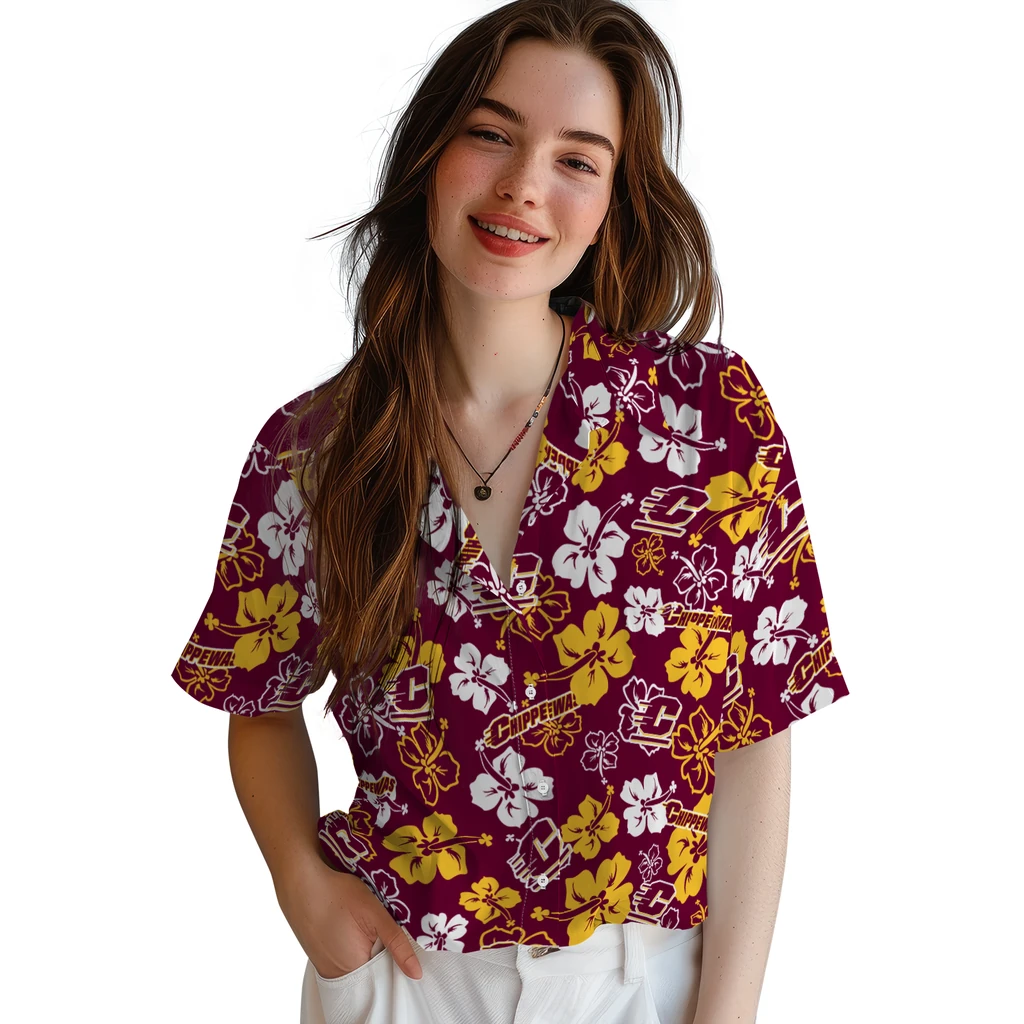 Central Michigan Chippewas Hawaiian Shirt - Hibiscus Flower Design central michigan chippewas hibiscus bloom maroon hawaiian shirts latest model
