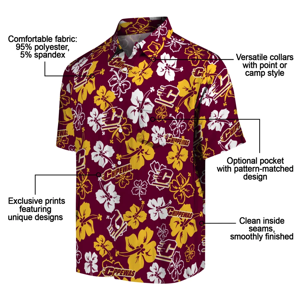 Central Michigan Chippewas Hawaiian Shirt - Hibiscus Flower Design central michigan chippewas hibiscus bloom maroon hawaiian shirts new arrival