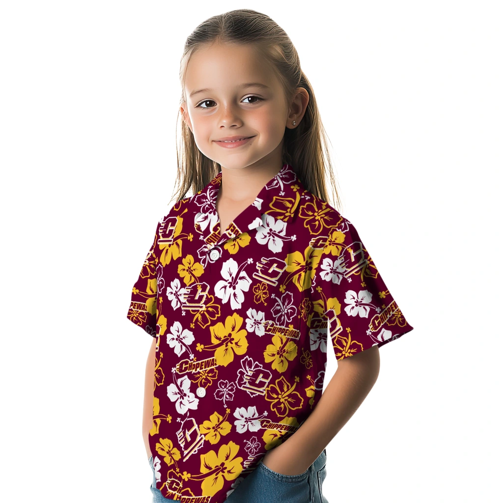 Central Michigan Chippewas Hawaiian Shirt - Hibiscus Flower Design central michigan chippewas hibiscus bloom maroon hawaiian shirts premium grade