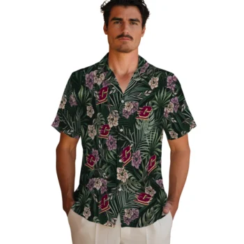central michigan chippewas hibiscus leaves pattern green hawaiian shirts fashion forward