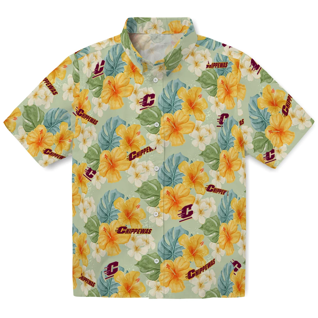 Central Michigan Chippewas Hawaiian Shirt - Hibiscus Mood central michigan chippewas hibiscus mood pale lime yellow hawaiian shirts best selling