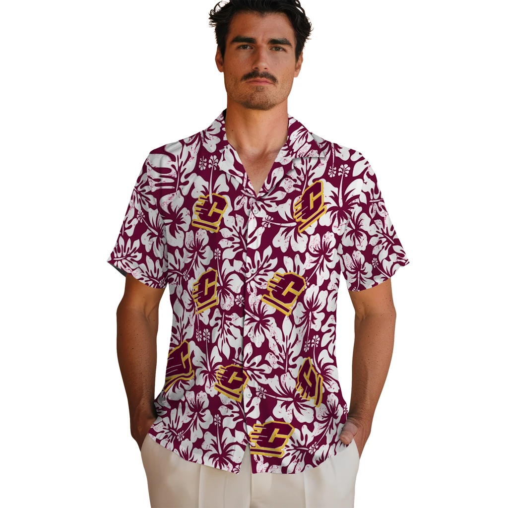Central Michigan Chippewas Hawaiian Shirt - Hibiscus Motif central michigan chippewas hibiscus motif maroon white hawaiian shirts fashion forward