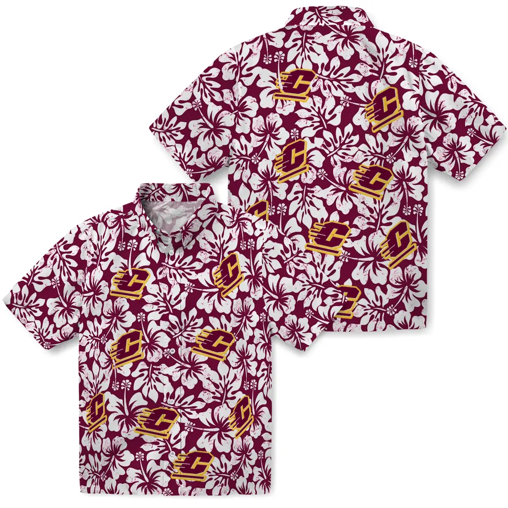 Central Michigan Chippewas Hawaiian Shirt - Hibiscus Motif central michigan chippewas hibiscus motif maroon white hawaiian shirts high quality