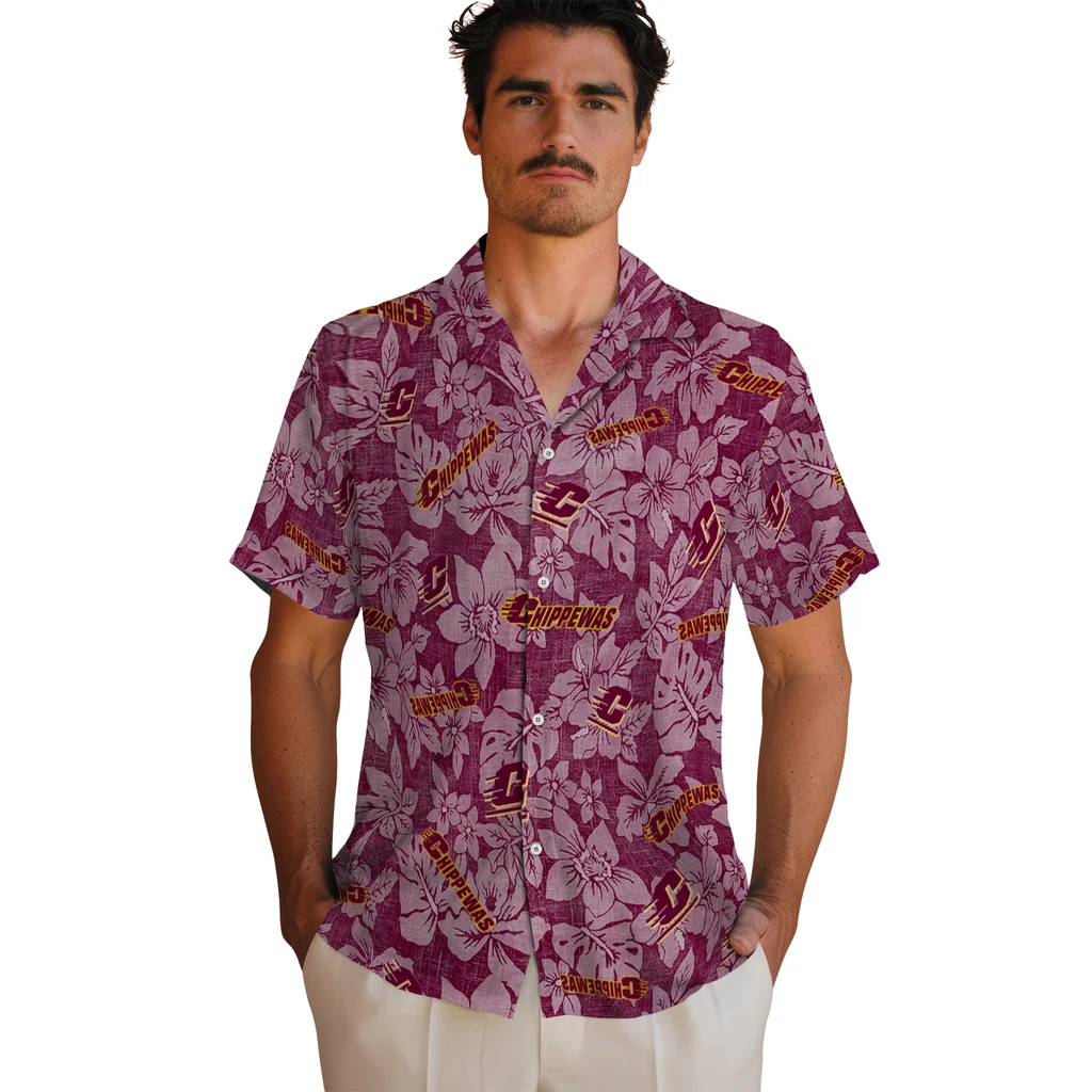 Central Michigan Chippewas Hawaiian Shirt - Hibiscus Oasis central michigan chippewas hibiscus oasis maroon hawaiian shirts fashion forward