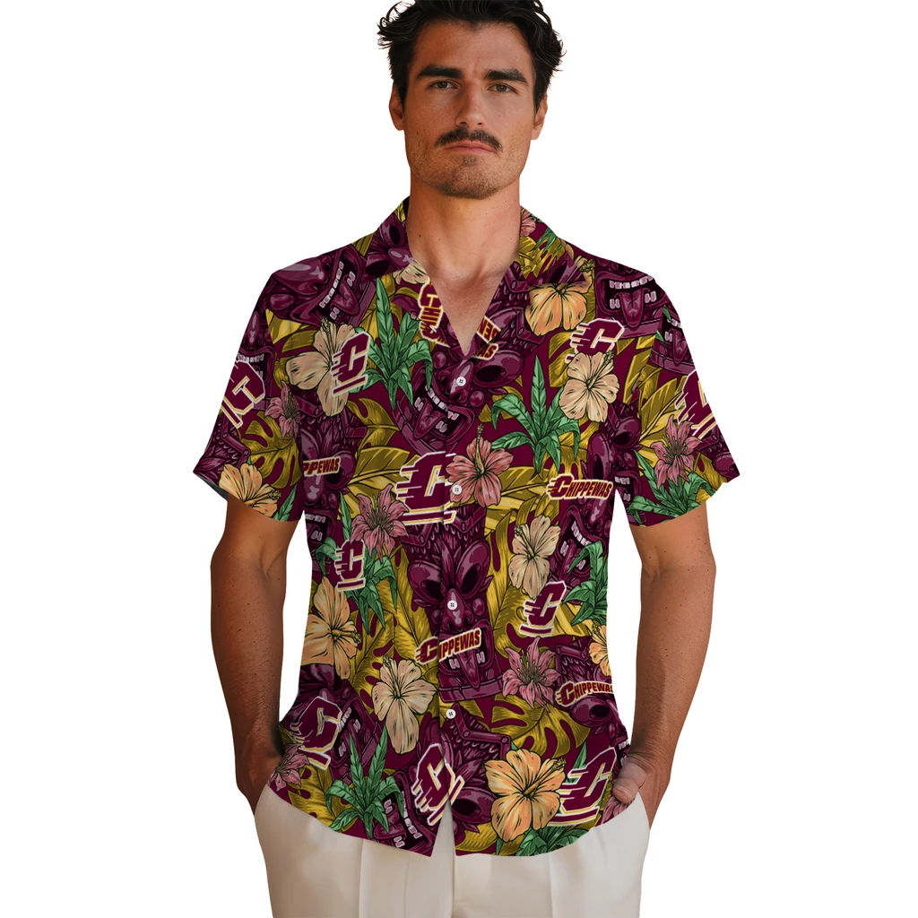 Central Michigan Chippewas Hawaiian Shirt - Hibiscus Tiki Jungle central michigan chippewas tiki jungle maroon hawaiian shirts fashion forward