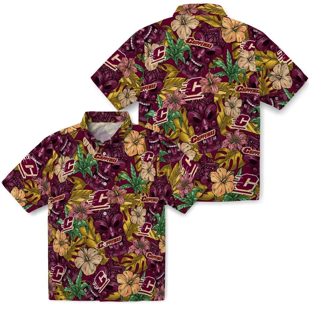 Central Michigan Chippewas Hawaiian Shirt - Hibiscus Tiki Jungle central michigan chippewas tiki jungle maroon hawaiian shirts high quality