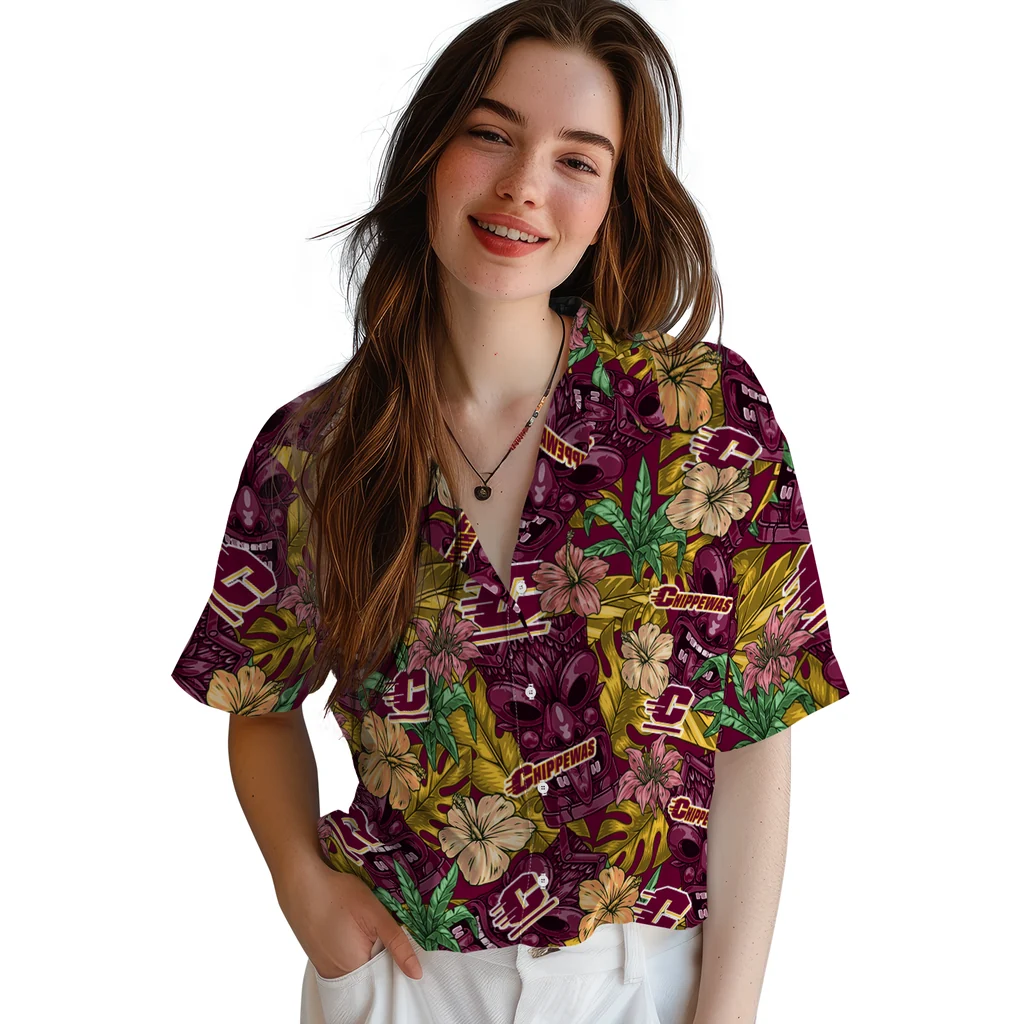 Central Michigan Chippewas Hawaiian Shirt - Hibiscus Tiki Jungle central michigan chippewas tiki jungle maroon hawaiian shirts latest model