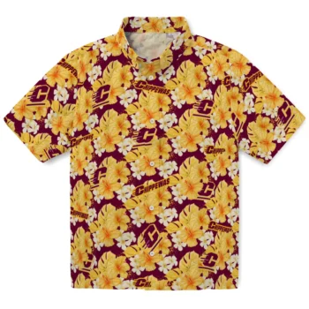 central michigan chippewas hibiscus tropics maroon yellow hawaiian shirts best selling