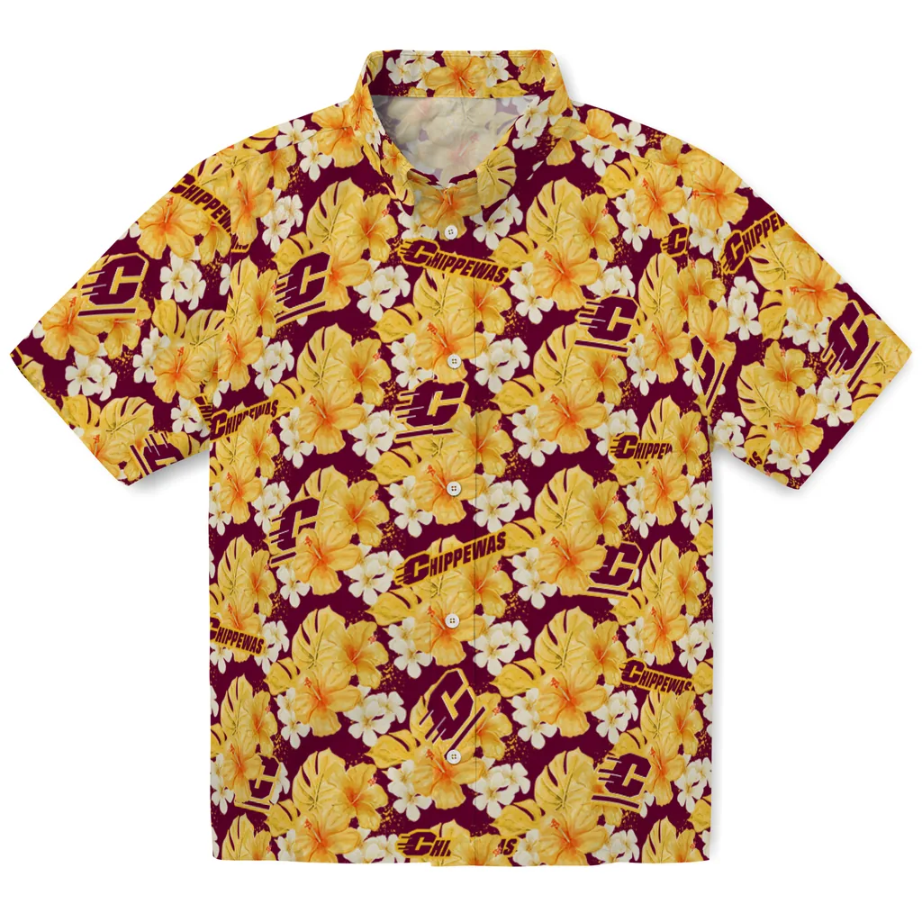 Central Michigan Chippewas Hawaiian Shirt - Hibiscus Tropics central michigan chippewas hibiscus tropics maroon yellow hawaiian shirts best selling