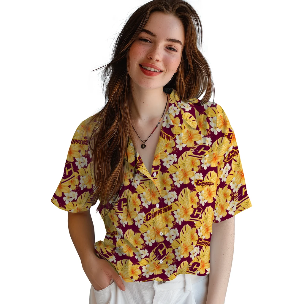 Central Michigan Chippewas Hawaiian Shirt - Hibiscus Tropics central michigan chippewas hibiscus tropics maroon yellow hawaiian shirts latest model