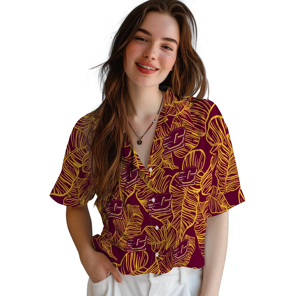 Central Michigan Chippewas Hawaiian Shirt - Leaf Outline central michigan chippewas leaf outline maroon hawaiian shirts latest model