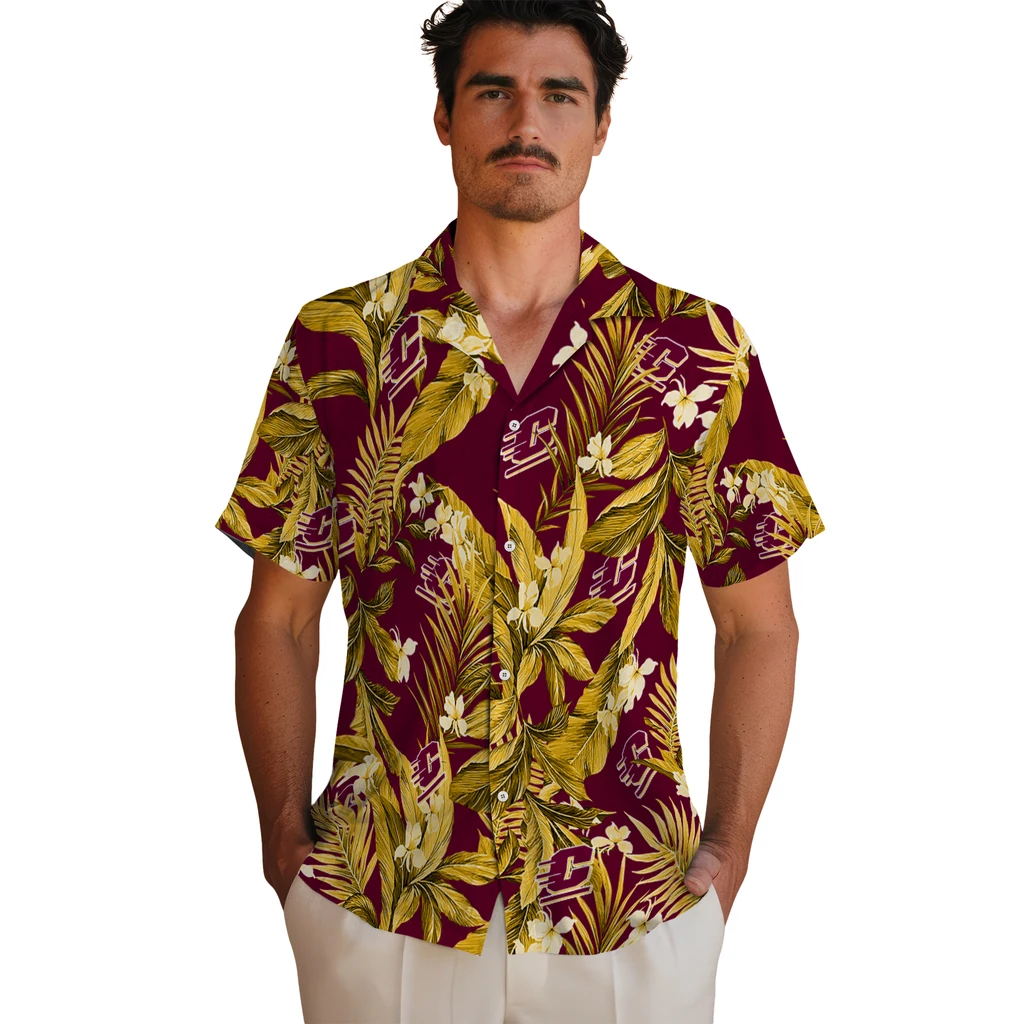 Central Michigan Chippewas Hawaiian Shirt - Palm Leaves central michigan chippewas palm leaves maroon hawaiian shirts fashion forward
