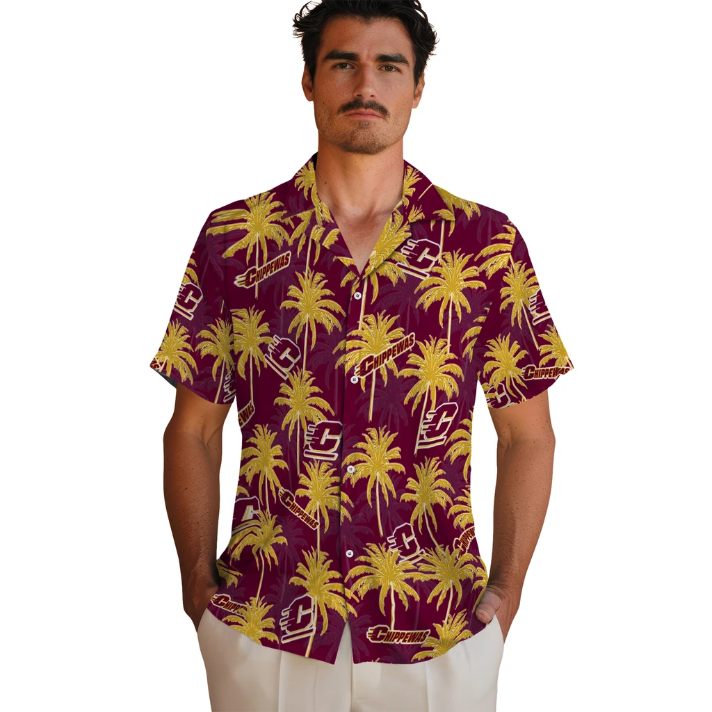 Central Michigan Chippewas Hawaiian Shirt - Palm Tree Motif central michigan chippewas palm grove maroon hawaiian shirts fashion forward