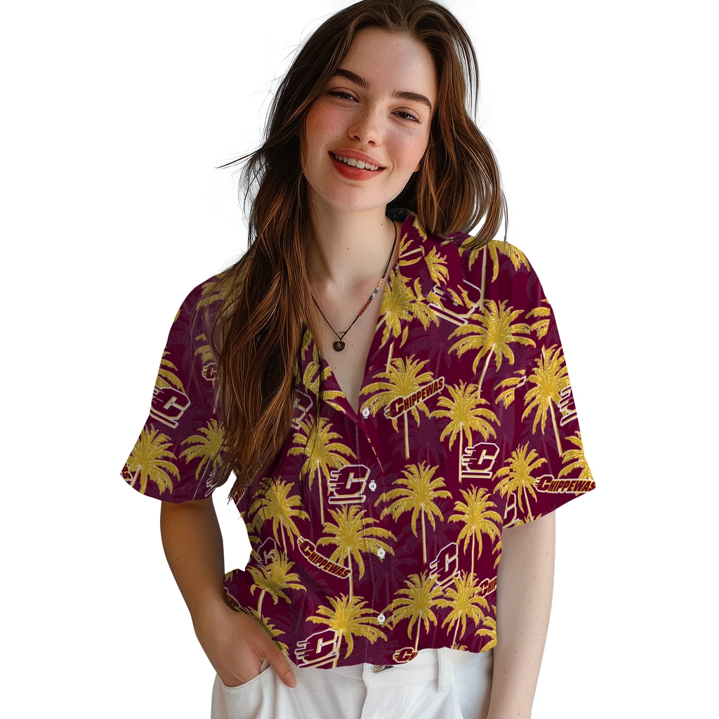 Central Michigan Chippewas Hawaiian Shirt - Palm Tree Motif central michigan chippewas palm grove maroon hawaiian shirts latest model