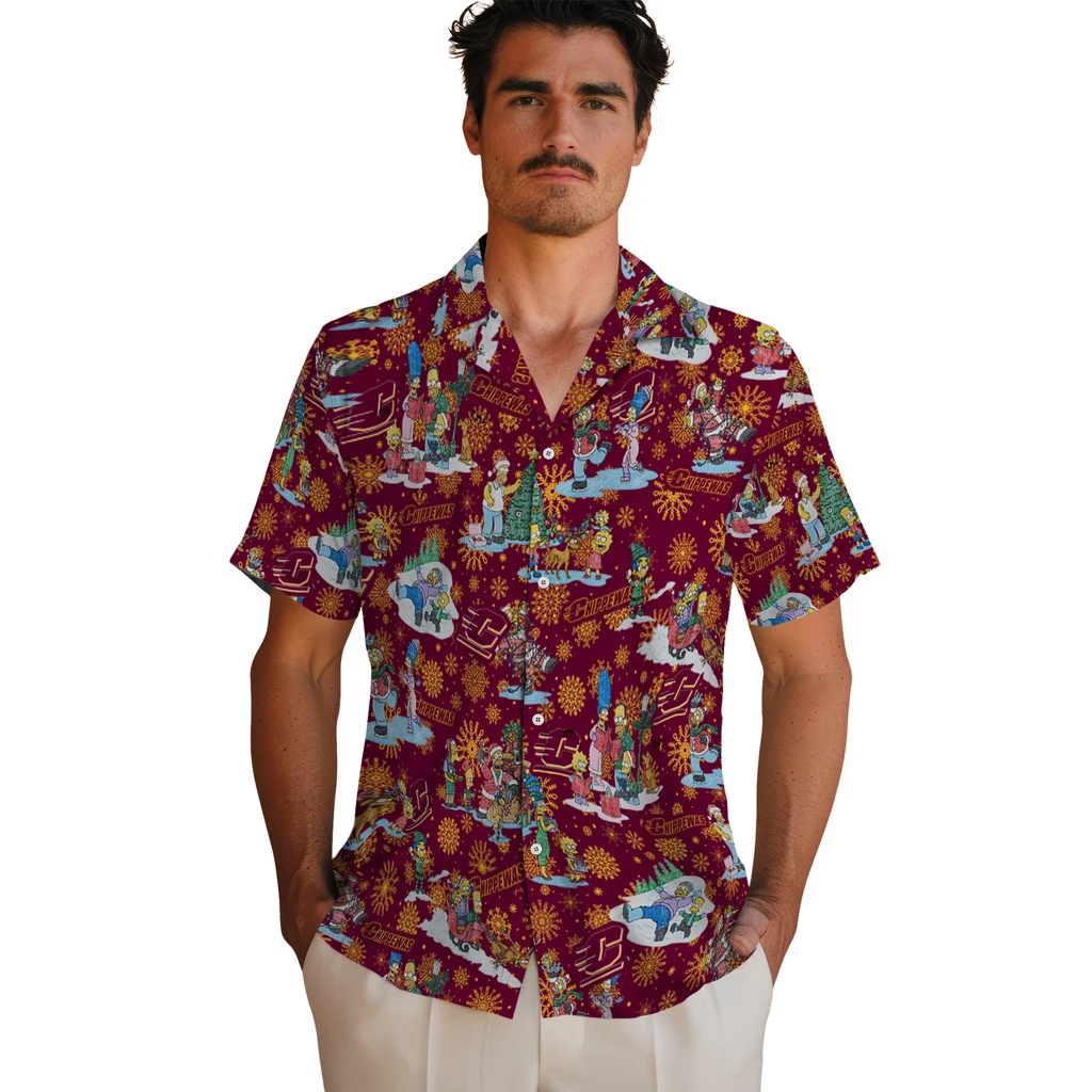Central Michigan Chippewas Hawaiian Shirt - Simpsons Christmas central michigan chippewas simpsons christmas maroon hawaiian shirts fashion forward