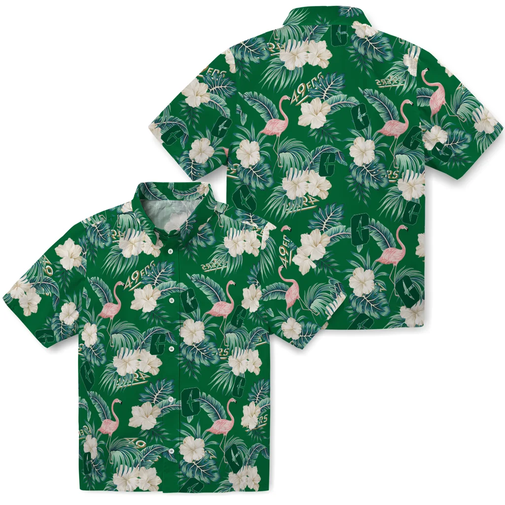 Charlotte 49ers Hawaiian Shirt - Flamingo and Hibiscus charlotte 49ers flamingo palms green hawaiian shirts high quality