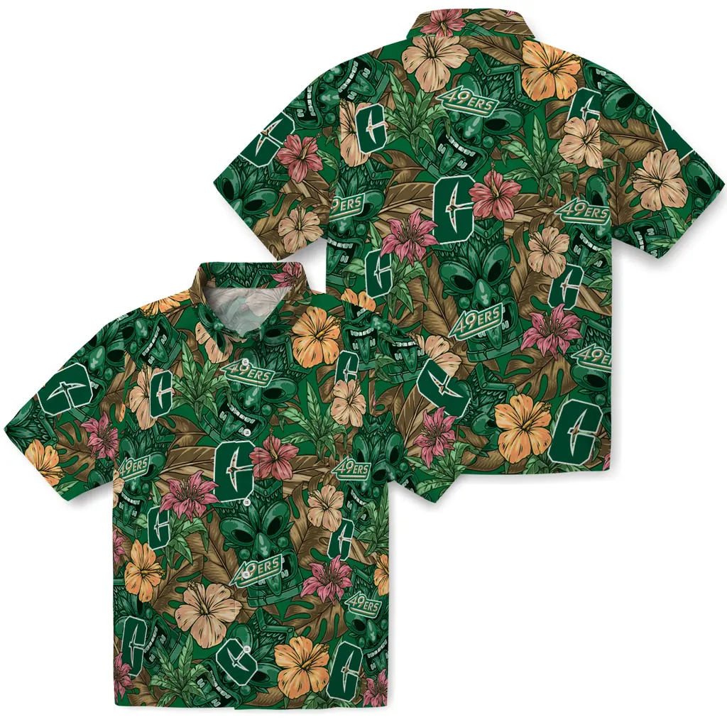 Charlotte 49ers Hawaiian Shirt - Hibiscus Tiki Jungle charlotte 49ers tiki jungle green hawaiian shirts high quality