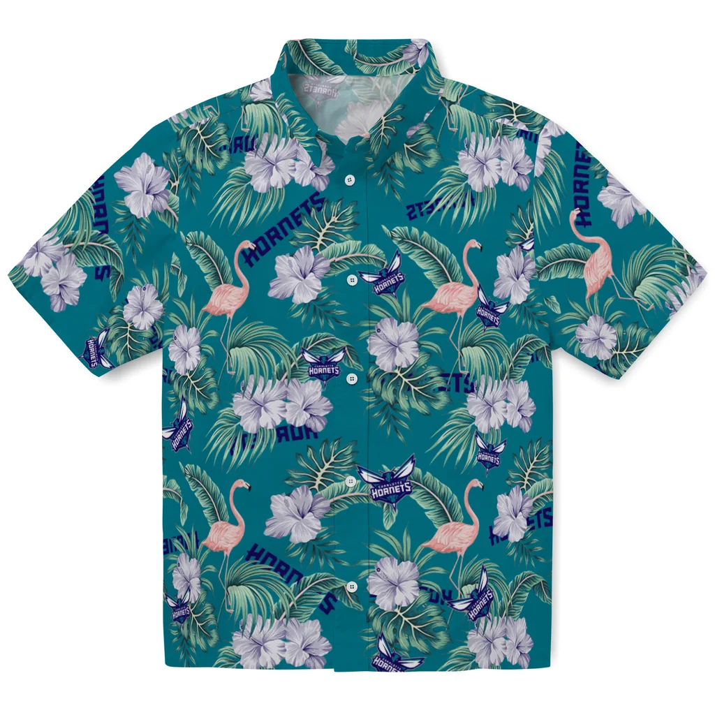 Charlotte Hornets Hawaiian Shirt - Flamingo and Hibiscus charlotte hornets flamingo palms teal hawaiian shirts best selling