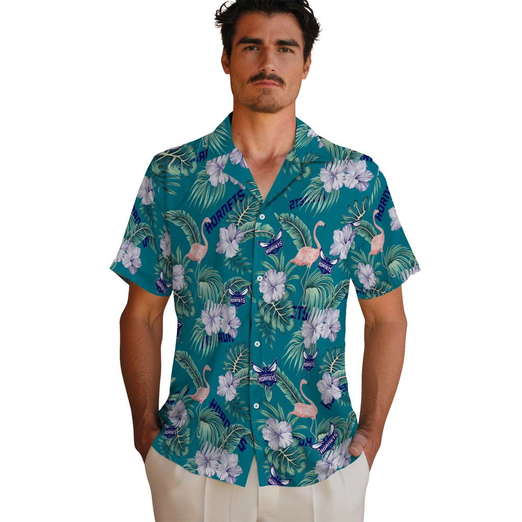 Charlotte Hornets Hawaiian Shirt - Flamingo and Hibiscus charlotte hornets flamingo palms teal hawaiian shirts fashion forward