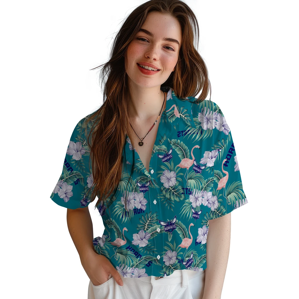 Charlotte Hornets Hawaiian Shirt - Flamingo and Hibiscus charlotte hornets flamingo palms teal hawaiian shirts latest model