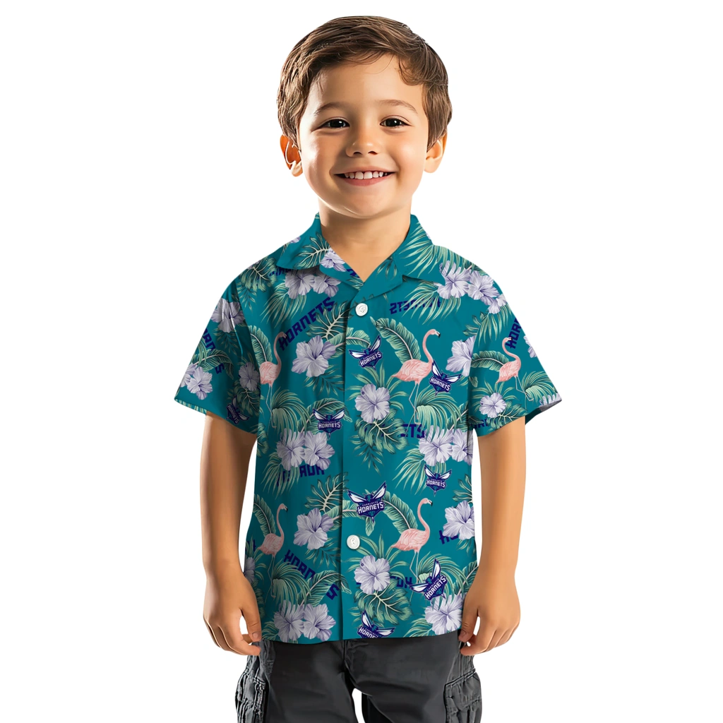 Charlotte Hornets Hawaiian Shirt - Flamingo and Hibiscus charlotte hornets flamingo palms teal hawaiian shirts top rated